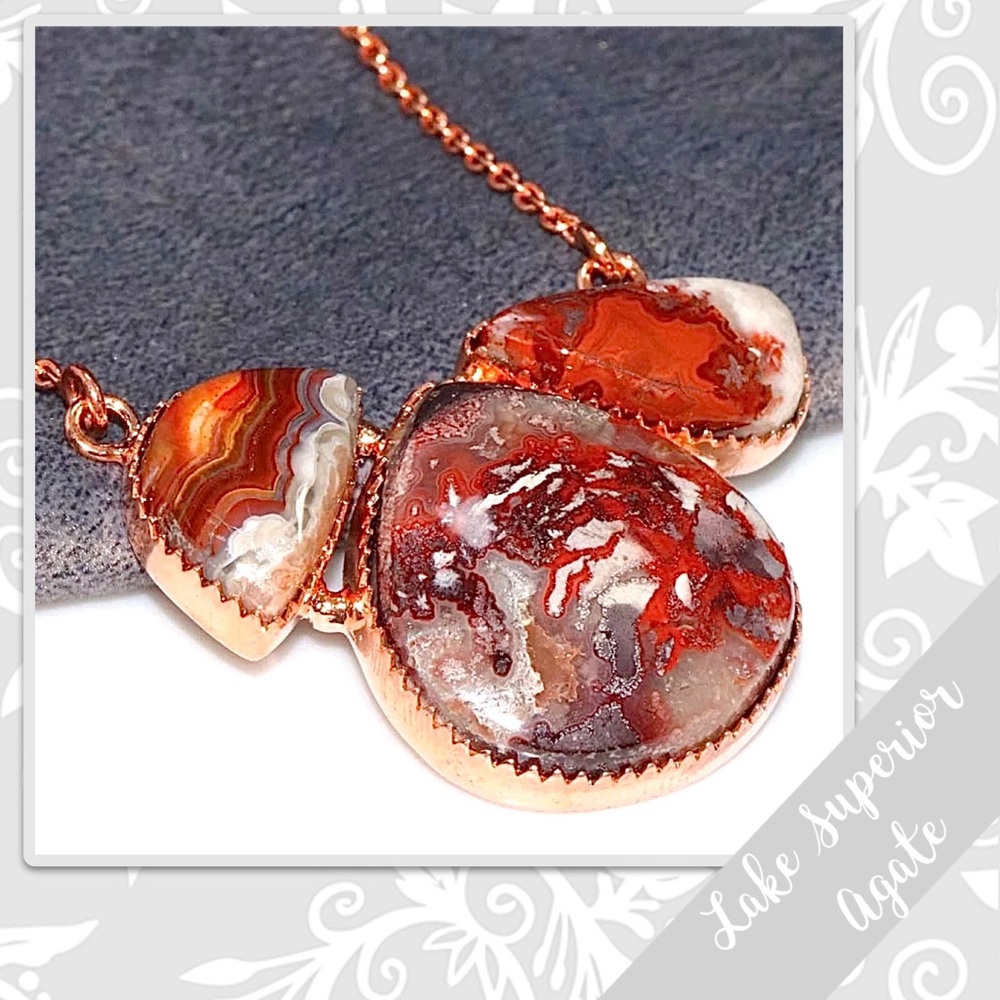 Lake Superior Agate Eclectic Copper Artisan Necklace, 18” (Red, Rust, Burgundy)